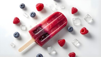 Blueberry and raspberry popsicle with fresh fruits, melting ice cubes and soft daylight on white background, refreshing summer concept, clean editorial food photo, 8K photorealistic detail.
