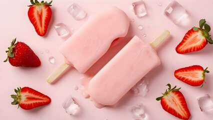Pastel pink strawberry popsicles with fresh fruit and ice cubes on a soft background, elegant minimal style, refreshing summer concept, ultra-realistic detail, perfect for food and drink advertising.