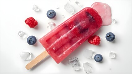 Blueberry and raspberry popsicle with fresh fruits, melting ice cubes and soft daylight on white background, refreshing summer concept, clean editorial food photo, 8K photorealistic detail.
