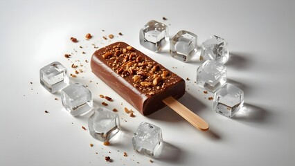 Delicious chocolate-coated ice cream bar with nut crumble on a stick, melting texture, surrounded by ice cubes on white background, premium dessert photography with soft lighting and detail.