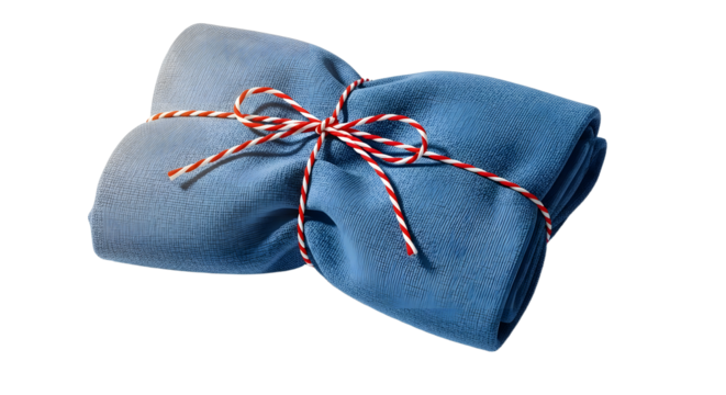 Gift - Soft folded blue blanket tied with red and white twine on black background, cozy home accessory perfect for relaxation and gift giving