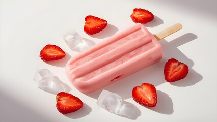 Pastel pink strawberry popsicles with fresh fruit and ice cubes on a soft background, elegant minimal style, refreshing summer concept, ultra-realistic detail, perfect for food and drink advertising.