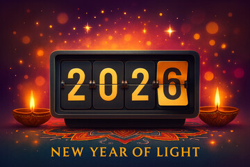 Flip clock turning to 2026 with glowing lights, oil lamps, and “NEW YEAR OF LIGHT” text—festive background for cultural, spiritual, and New Year celebration designs