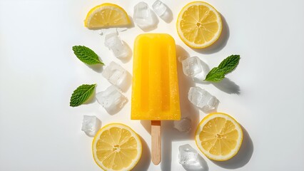 Refreshing yellow lemon popsicle with sliced lemons, crushed ice, and mint leaves on white background, summer dessert concept, top view, minimal style, ultra realistic, perfect for ads and design.