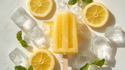 Refreshing yellow lemon popsicle with sliced lemons, crushed ice, and mint leaves on white background, summer dessert concept, top view, minimal style, ultra realistic, perfect for ads and design.