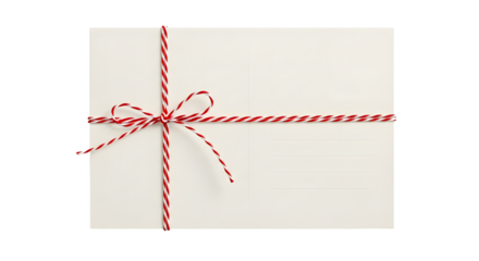 Gift - White envelope tied with red and white striped string bow on white background, perfect for invitations or gift wrapping