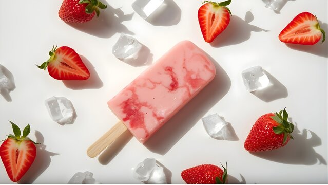 Pastel pink strawberry popsicles with fresh fruit and ice cubes on a soft background, elegant minimal style, refreshing summer concept, ultra-realistic detail, perfect for food and drink advertising.