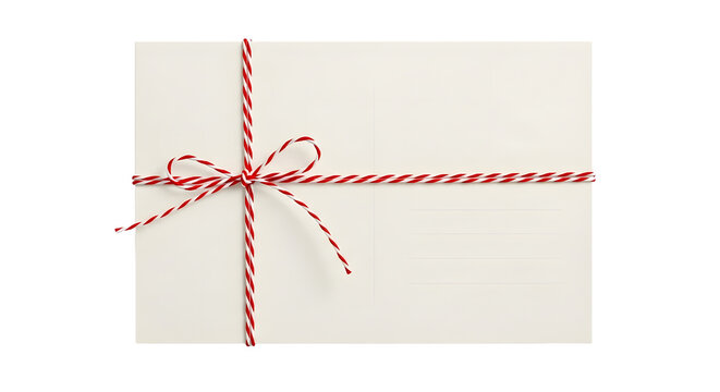 Gift - White envelope tied with red and white striped string bow on white background, perfect for invitations or gift wrapping