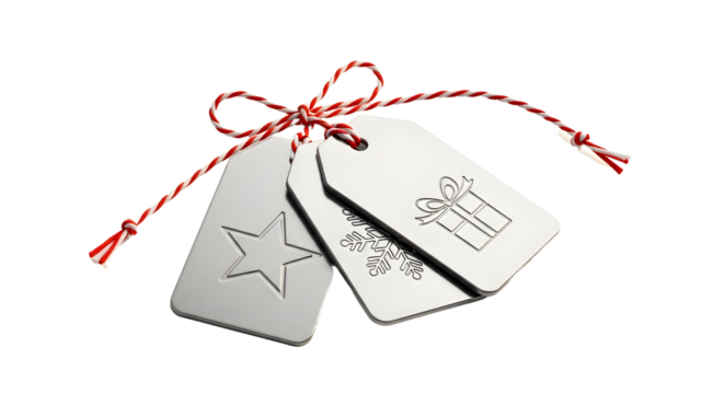 Gift - White gift tags with star, snowflake, and present icons tied with red and white twine, perfect for holiday gifts and celebrations