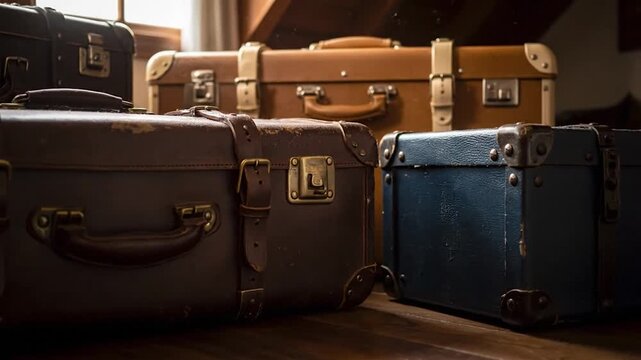 Vintage, weathered leather suitcases in various shades are arranged on a wooden floor in dim light