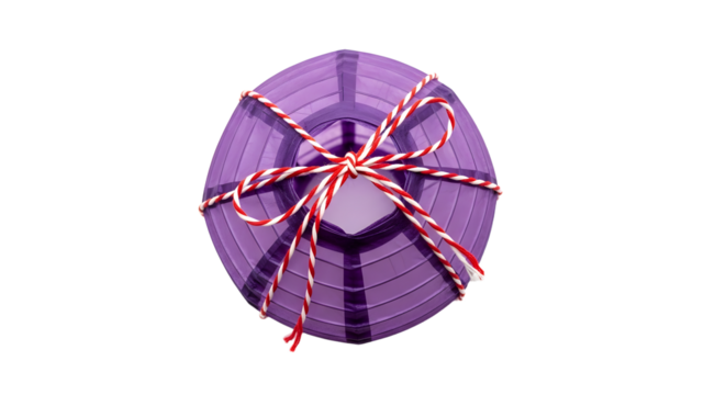 Gift - Purple gift box wrapped with red and white striped ribbon isolated on white background, perfect for holiday or birthday presents - Powered by Adobe
