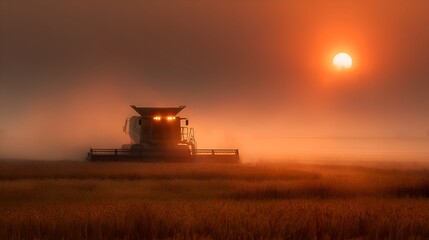 Fototapeta premium A combine harvester works in golden wheat field du a hazy sunset creating a dramatic and warm scene.