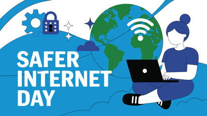 Safer Internet Day Illustration Woman with Laptop, Earth Globe, Lock, Gear, and WiFi Symbol