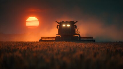 Fototapeta premium A combine harvester works in a field of wheat at sunset with a fiery orange sun on the horizon sky.