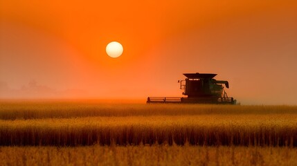 Fototapeta premium A combine harvester works in a golden field as the sun rises, casting an orange glow over the rural landscape.