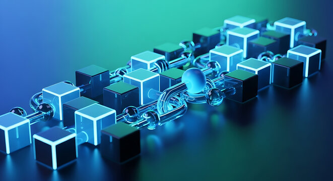 Abstract digital blockchain network with connected cubes
