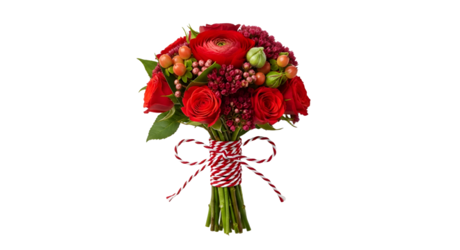 Gift - Red and green flower bouquet with berries and twine wrap, romantic floral arrangement perfect for weddings and special occasions