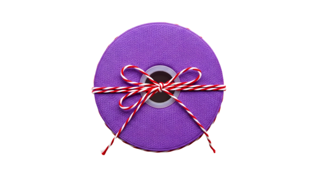 Gift - Purple round gift box with red and white ribbon bow isolated on white background, perfect for presents and celebrations
