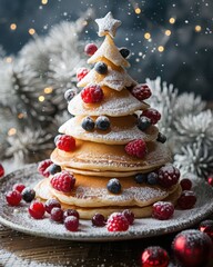 Stacked pancakes in shape of Christmas tree, topped with powdered sugar, berries and star on top, bokeh lights. creative dessert, cozy holiday food, edible Christmas tree, holiday breakfast scene