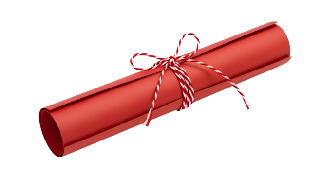 Gift - Red rolled certificate tied with striped string on white background, perfect for graduation or achievement presentations
