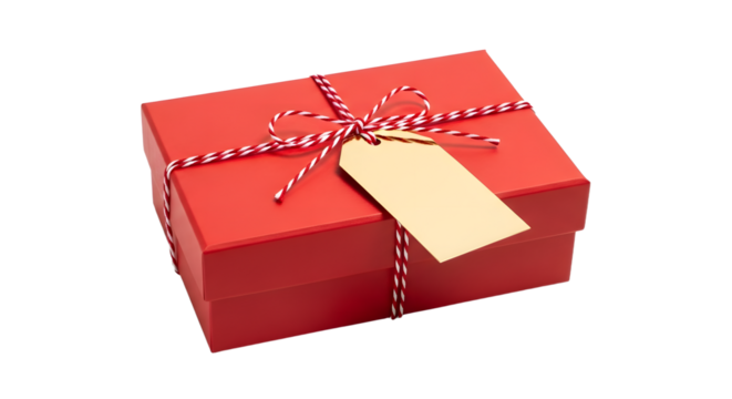 Gift - Red gift box wrapped with white and red twine string and blank gift tag isolated on white background, perfect for birthdays and celebrations - Powered by Adobe