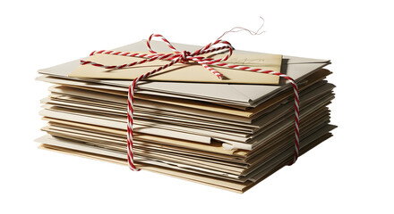 Gift - Stack of vintage letters tied with red and white string on white background, perfect for nostalgic or romantic themes