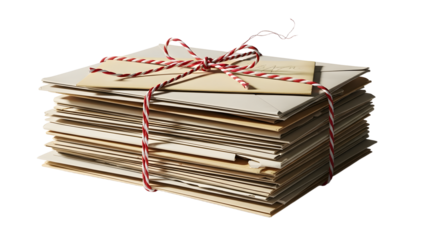 Gift - Stack of vintage letters tied with red and white string on white background, perfect for nostalgic or romantic themes