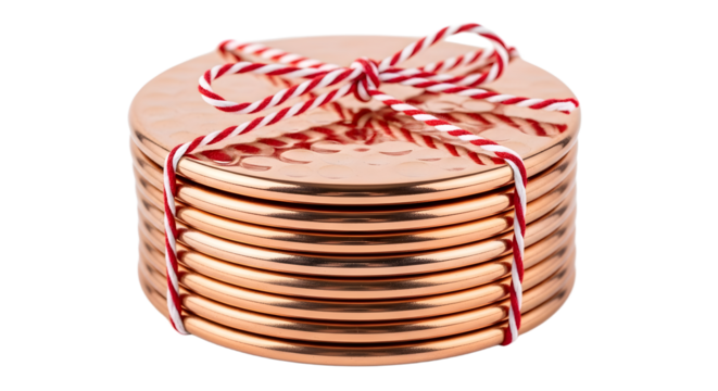 Gift - Stack of rose gold round metal coasters tied with red and white string, elegant tableware accessory for home or parties