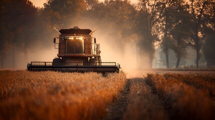 Naklejka premium A large combine harvester processes the ripe golden wheat field at dawn du the autumn harvest time.