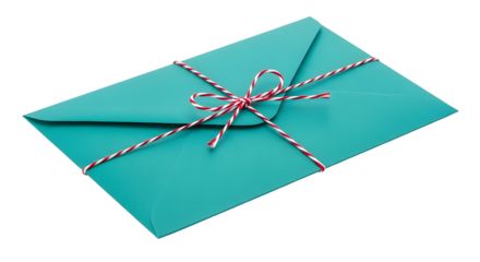 Gift - Teal envelope tied with red and white string in a bow, isolated on white background, perfect for invitations and greeting cards