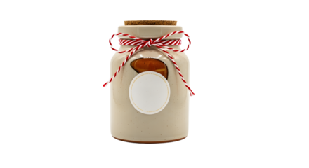 Gift - Vintage glass jar with a wooden lid and a round tag tied with red and white string, isolated on black background, perfect for homemade jams or gift packaging