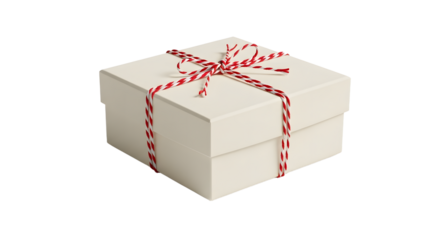 Gift - White gift box with red and white striped ribbon tied in a bow, isolated on white background, perfect for holidays and special occasions