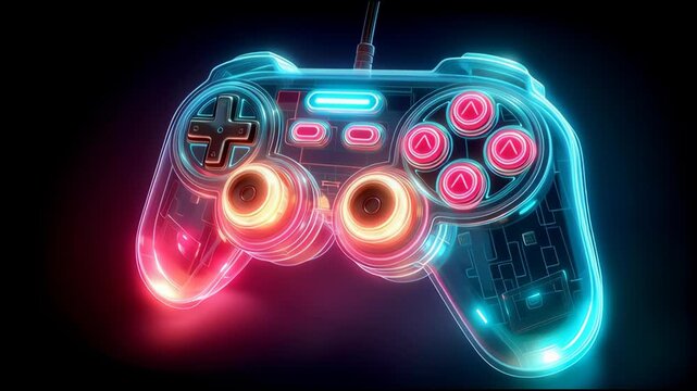 Neon-lit game controller with glowing blue and pink outlines, futuristic, highcontrast design vivid