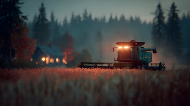A combine harvester working in a wheat field du the early morning with a farmhouse in the background.