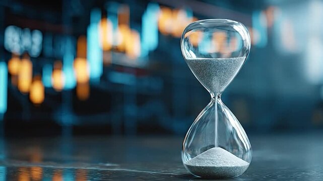 Glass timer measuring sand flow against background of glowing financial data display