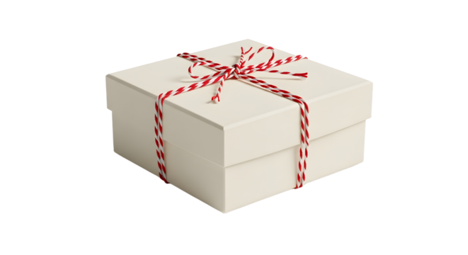 Gift - White gift box with red and white striped ribbon tied in a bow, isolated on white background, perfect for holidays and special occasions