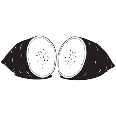 Black and white illustration of a banana cut in half