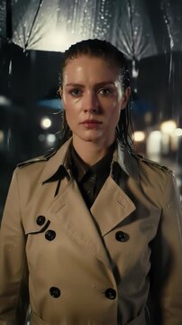 A close up potrait of a young woman standing in the rain at night, holding an umbrella. Water drops are visible on her face and hair, and the background features soft bokeh lights from street lamps.