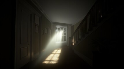 Dramatic sunlight beams illuminate a dark interior hallway casting shadows on the floor near a window and a staircase
