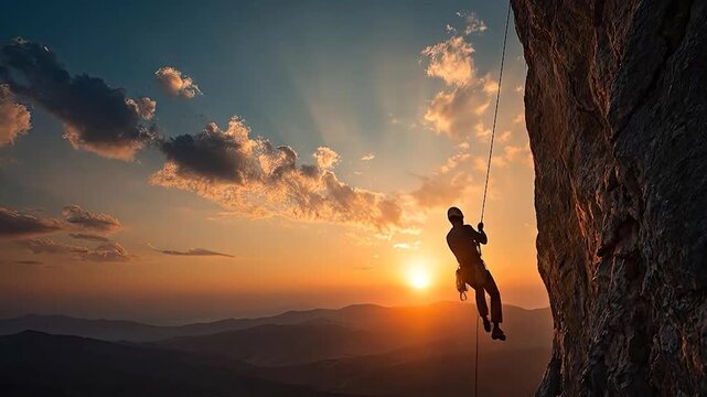 Silhouette of climber rappelling down steep rock face during sunset over mountains