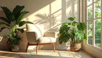 Naklejka premium Sunlit Interior Oasis - Armchair, Plants, and Natural Light.