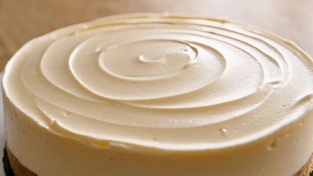 Close-up shot of a creamy, light yellow cheesecake topped with a thick, smooth, delicious frosting swirled into a spiral pattern on a wooden background