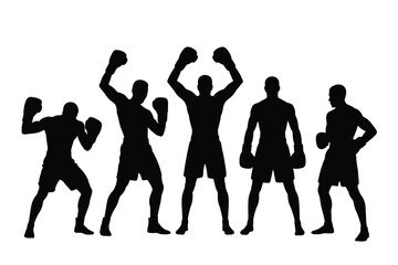Obraz premium Five male boxers in silhouette celebrating victory boxing athletes