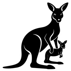 Stylized black silhouette of a mother kangaroo and joey isolated on white background isolated on transparent background