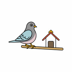 Cute cartoon bird perched on a branch near a birdhouse isolated on white background isolated on transparent background
