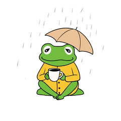 Cute cartoon frog wearing a raincoat holding a coffee cup under an umbrella isolated on transparent background isolated on white background