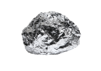 Shiny crumpled ball of aluminum foil on a white background.