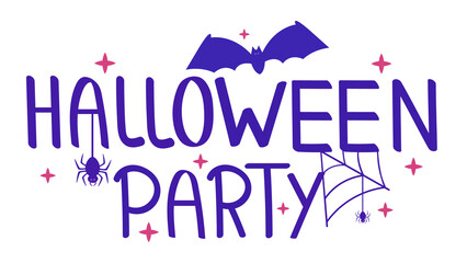 Halloween Party text with bat, spider and spider web