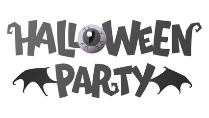 Halloween Party Text with Eyeball and Bat Wings lettering