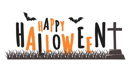 Happy Halloween Text with Bats, Tombstone and Grass